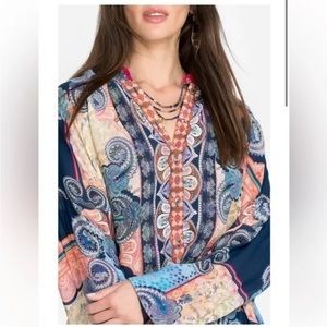 Johnny Was Onda Button Down Blouse Silk Boho Paisley Relaxed Fit Top Size XL